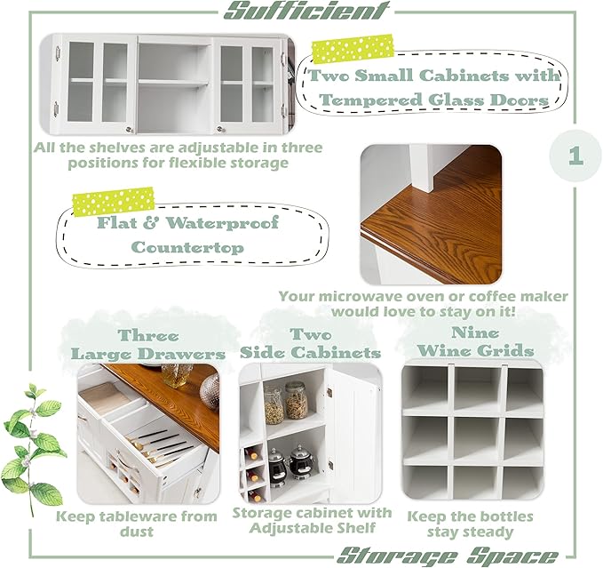 LOKO Kitchen Hutch Storage Cabinet, Sideboard Buffet Kitchen Cupboard with 4 Doors, 3 Drawers, 5 Adjustable Shelves and 9 Wine Grids, 44 x 17 x 72.5 inches (White)