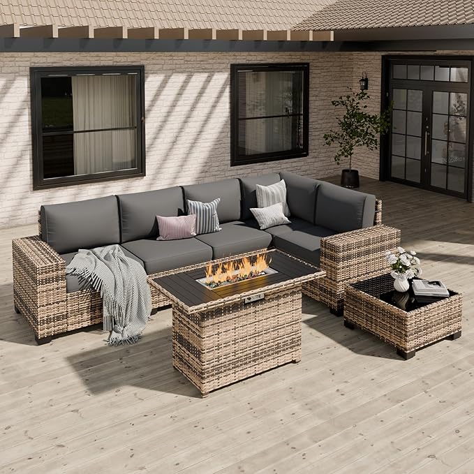 Patio Furniture Set, Wide Armrest Outdoor Furniture Set with 44" Fire Pit Table Thick Cushions, 7 Piece Wicker Rattan Patio Sectional Sofa for Backyard, Poolside, Garden