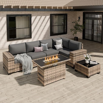 Patio Furniture Set, Wide Armrest Outdoor Furniture Set with 44" Fire Pit Table Thick Cushions, 7 Piece Wicker Rattan Patio Sectional Sofa for Backyard, Poolside, Garden