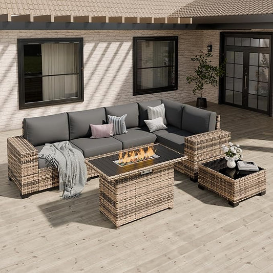 Patio Furniture Set, Wide Armrest Outdoor Furniture Set with 44" Fire Pit Table Thick Cushions, 7 Piece Wicker Rattan Patio Sectional Sofa for Backyard, Poolside, Garden