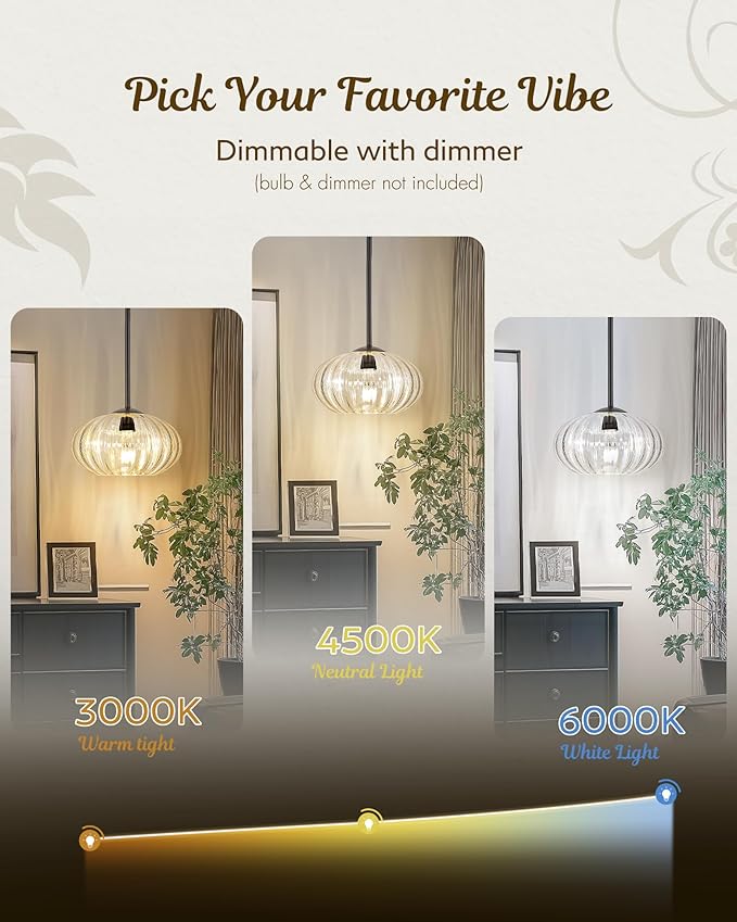 FEMILA 10.3" Pendant Light for Kitchen Island, Black Pendant Lighting, Dome Glass Pendant Light Vintage Light Fixtures for Bedroom Hotel Dining Room, 4FYD85MIL BK