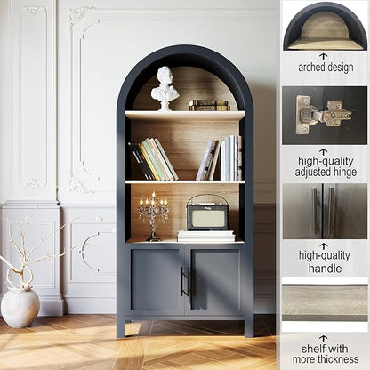 Ball & Cast 67" Tall Arched Storage Cabinet, Modern 3-Tier Wooden Kitchen Pantry Cabinet with Doors & Open Shelves,Versatile Bookcase Display Cabinet for Living Room,Office,Dining Room,Black