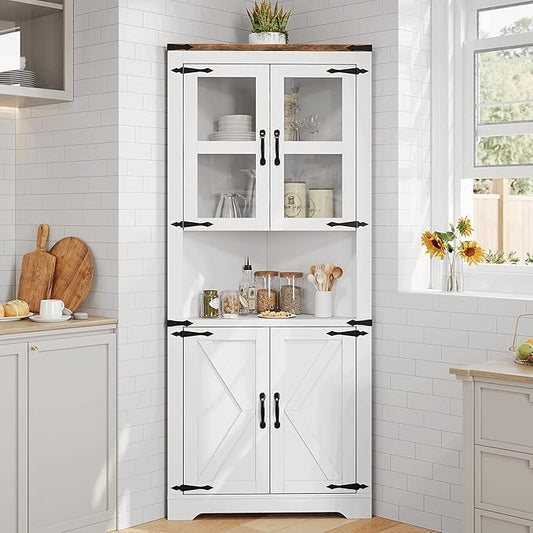 GarveeHome Tall Corner Cabinet, Farmhouse Corner Storage Cabinet with Glass Door & Adjustable Shelves, Space Saving Storage for Living Room, Kitchen, Bathroom, White