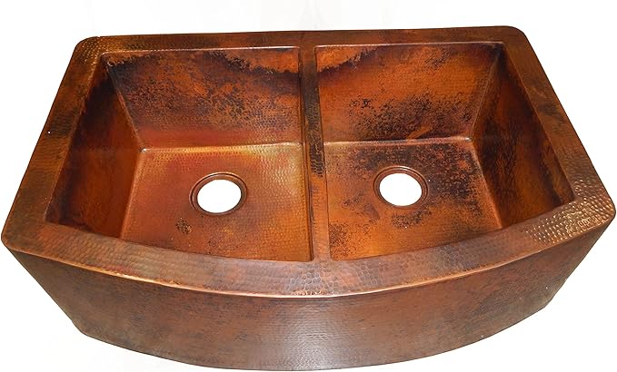 Rounded Apron Front Farmhouse Kitchen Double Bowl Mexican Copper Sink 50/50