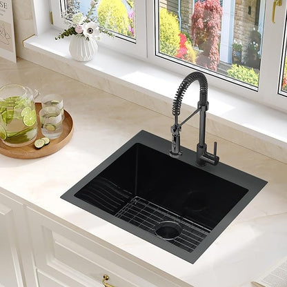 Black Kitchen Sink 25"x22",Drop In Laundry Utility Sink,25 Inch Black Sink 16 Gauge Stainless Steel,Top Mount Single Bowl Deep Kitchen Sinks