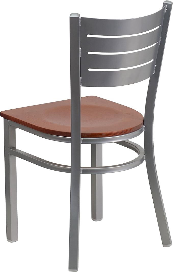Flash Furniture HERCULES Series Silver Slat Back Metal Restaurant Chair - Cherry Wood Seat