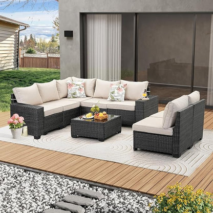 JOYURE 8 Pieces Patio Furniture Set All-Weather Outdoor Wicker Sectional Conversation Sofa Rattan Patio Seating Sofa with Cushion and Glass Table for Porch Poolside,Beige