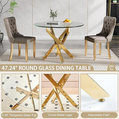 Round Dining Table, 47 Inch Glass Kitchen Table for 4-6 People, Tempered Glass Dinner Room Table with Gold X Metal Legs, Modern Circle Coffee Table for Home Dining Room Kitchen Restaurant