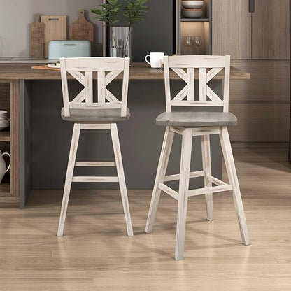 Lexicon Bar Height Bar Stools Set of 2-Solid Wood Frame 360° Swivel Wooden Stools, Foot Rest, KK Back, Wide Seat, Distressed Farmhouse Easy to Clean Finish, 28.5" SH, Antique White/Grey