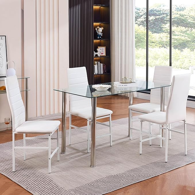 Glass Dining Table for 4-6, Modern Dining Room Table with 51.2" Clear Tempered Glass top and Chrome Silver Legs for Kitchen, Small Space