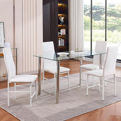 Glass Dining Table for 4-6, Modern Dining Room Table with 51.2" Clear Tempered Glass top and Chrome Silver Legs for Kitchen, Small Space