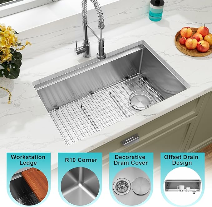 Undermount Kitchen Sink 28 inch,16 gauge Stainless Steel Workstation Sink,Deep and Large Single Bowl Kitchen Sinks Offset Drain (28" X 18")