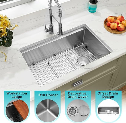 Undermount Kitchen Sink 28 inch,16 gauge Stainless Steel Workstation Sink,Deep and Large Single Bowl Kitchen Sinks Offset Drain (28" X 18")