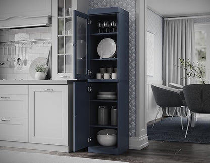 Palace Imports Solid Wood Kitchen Pantry - Narrow Storage Cabinet - 16.5" Wide x 71.5" Tall - 1 Raised Panel & 1 Glass Door, Antique Blue, Adjustable Shelves, 100% Eco-Friendly Wood, Modular Cabinets
