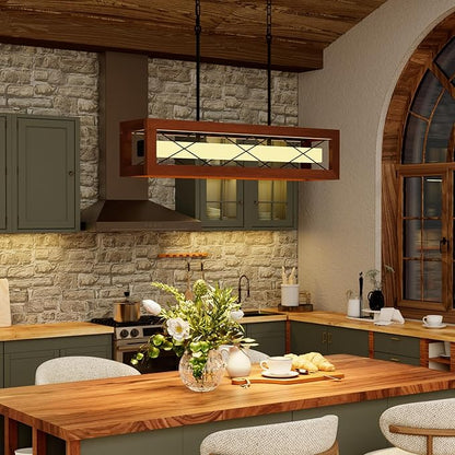 31.5" Farmhouse Kitchen Island Lighting, Rustic Wood Linear Chandeliers for Dining Room Light Fixture, 30W LED Dimmable Rectangular Pendant Lights for Kitchen Island Over Table with Remote