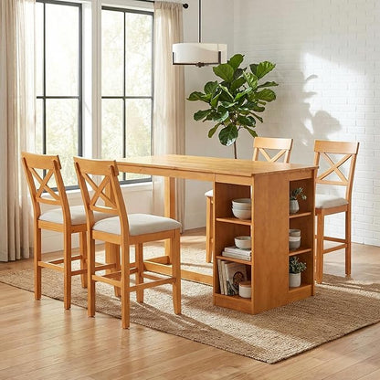 Homy Casa 60" Farmhouse Counter-Height Dining Table Set for 4, Solid Wood 3-Tier Storage Shelves, X-Back Upholstered Chairs, 36" H Kitchen Island Table, 5-Piece, Rustic Brown