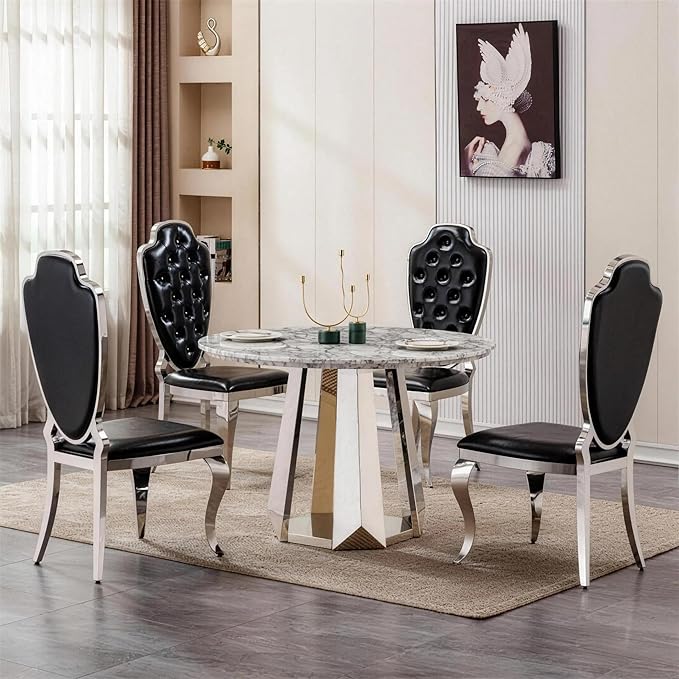 47" Round Marble Dining Table for 4-6, Luxury Modern Kitchen Table with Marble Grain MDF Tabletop & Silver Mirrored Stainless Steel Pedestal Base, Grey Stone Dinner Table for Dining Room (Table Only)