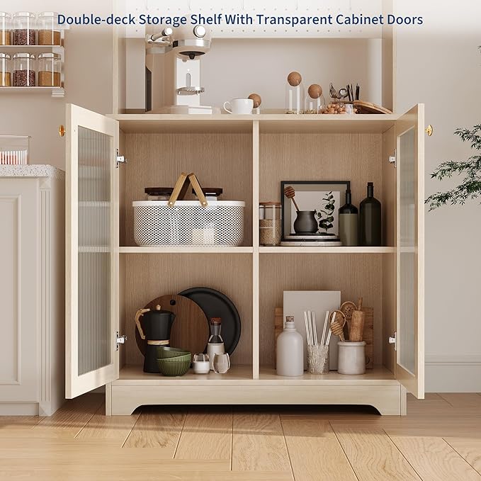 71" Kitchen Pantry Cabinet with Double Glass Doors and Pegboard, Wooden Cabinet with Open Shelves and Countertop,Kitchen Hutch with Storage for Dining Room or Living Room, Natural