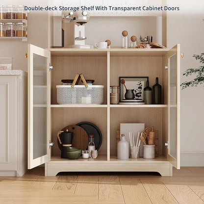71" Kitchen Pantry Cabinet with Double Glass Doors and Pegboard, Wooden Cabinet with Open Shelves and Countertop,Kitchen Hutch with Storage for Dining Room or Living Room, Natural