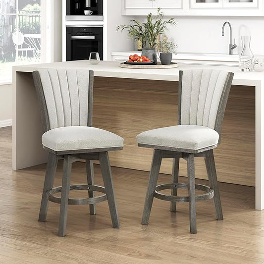 Lexicon Swivel Counter Stools Set of 2, Wood Frame Counter Height Stools with Footrest and Back, for Kitchen Island, Dining Room, 25" SH, Grey Finish and Thick Beige Velvet Cushion Seat