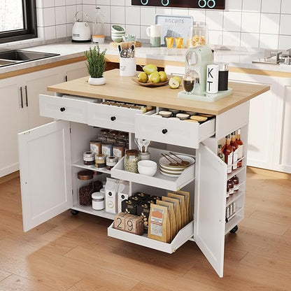 IDEALHOUSE Rolling Kitchen Island with Drop Leaf Countertop, Charging Station & Ample Storage - 47.2" Mobile Kitchen Cart On Wheels with Pull-Out Shelves, Drawers, Spice Rack & Organizer Divider