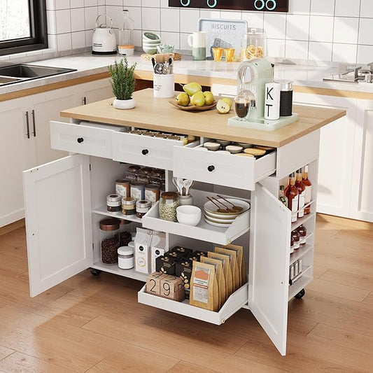 IDEALHOUSE Rolling Kitchen Island with Drop Leaf Countertop, Charging Station & Ample Storage - 47.2" Mobile Kitchen Cart On Wheels with Pull-Out Shelves, Drawers, Spice Rack & Organizer Divider