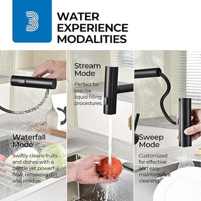 WEWE Waterfall Kitchen Faucet with Pull Down Sprayer, Black Kitchen Faucet with 3 Modes(Sweep/Stream/Waterfall) Swivel Switch Mode,Single Handle Kitchen Sink Faucet
