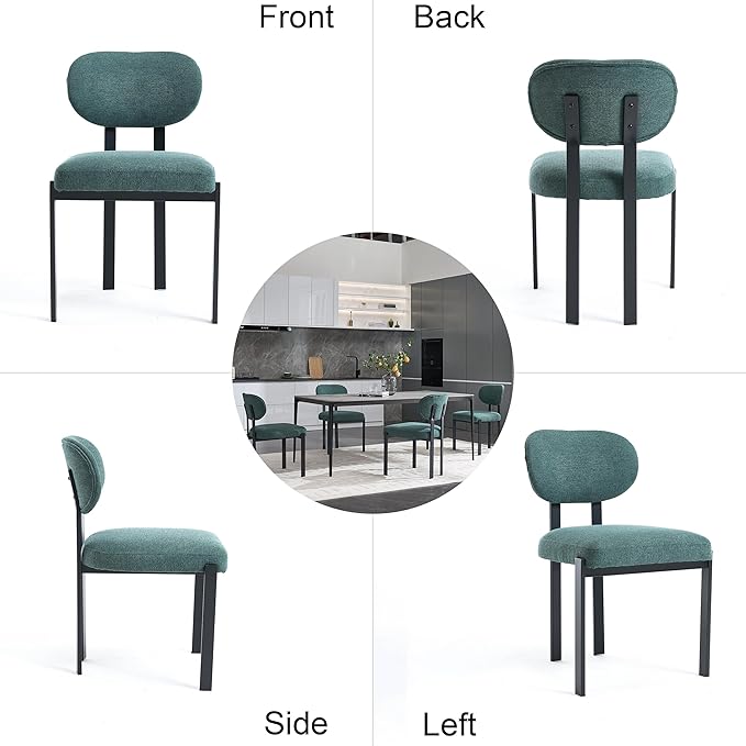 Set of 6 Modern Boucle Dining Chairs, Mid-Century Upholstered Chairs with Black Metal Legs, Ideal for Dining Room, Kitchen Island, Living Room, Bedroom, Home Office, Antique Green