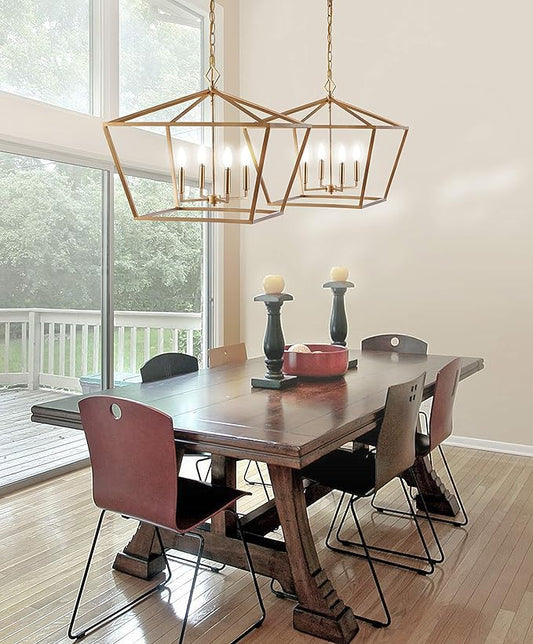 JONATHAN Y 23" Gold 4-Light Rustic Glam Adjustable Iron LED Pendant, Open Cage Lantern Hanging Light for Dining Room, Kitchen Island, Foyer, Farmhouse French Country (JYL7520C)