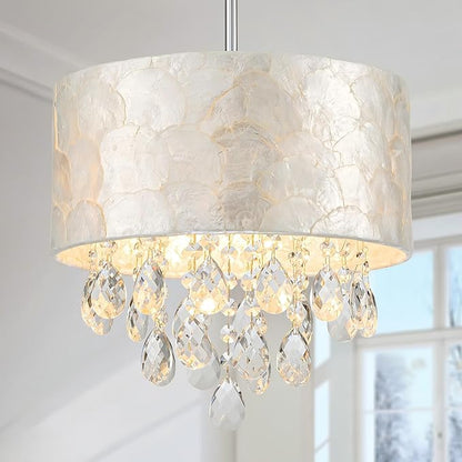LumFurn D12 inch Capiz Shell Crystal Drum Chandeliers, 3-Light Coastal Style Pendant Light Fixture for Dining Room, Living Room, D12 x H19~49"(Adjustable Height), Shell Lampshade & Chrome Finish