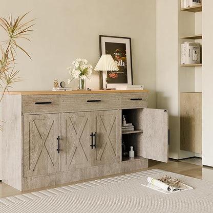 SUNLEI Kitchen Buffet Sideboard Cabinet, Wooden Storage with 4 Doors and 3 Drawers, Adjustable Shelf, Modern Farmhouse Coffee Bar Cabinet with Storage for Kitchen/Laundry/Living Room, Grey