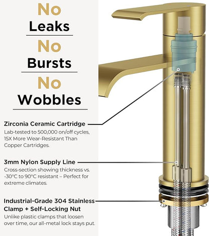 FORIOUS Brushed Gold Bathroom Faucet Single Hole Waterfall Faucet for Bathroom Sink 1 Hole with Deck Plate, Gold Single Handle Vanity Tap with Pop-up Drain and CUPC Hose for RV, Lavatory
