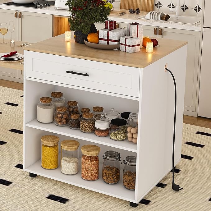KEIKI 80" Expandable Kitchen Island with Dining Table, Solid Wood Countertop with Power Outlet & USB, Mobile Kitchen Cart with Storage Cabinet, Drawers & Wheels, Multifunctional Prep Table, White