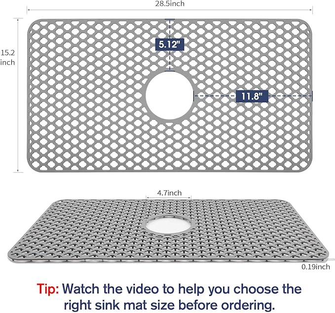 Snuggery Silicone Sink Protector 28.5"x15.2" Center Drain Hole, Heat Resistant Non-slip Dishwasher Suitable, Large Mat for Bottom of Farmhouse Kitchen Stainless Steel Sink