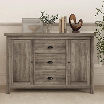 Kitchen Sideboard Cabinet Buffet with Heavy Duty Wooden Structure, 3 Drawers and 2 Doors with Ample Storage Space in Gray