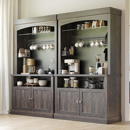 GarveeHome Coffee Bar Cabinet with LED Lights 72 in Tall Buffet Cabinet with Storage Farmhouse Kitchen Sideboard Tall Coffee Hutch with Microwave Stand/Wine Rack/Glass Shelf Dining Room (Oak Black)