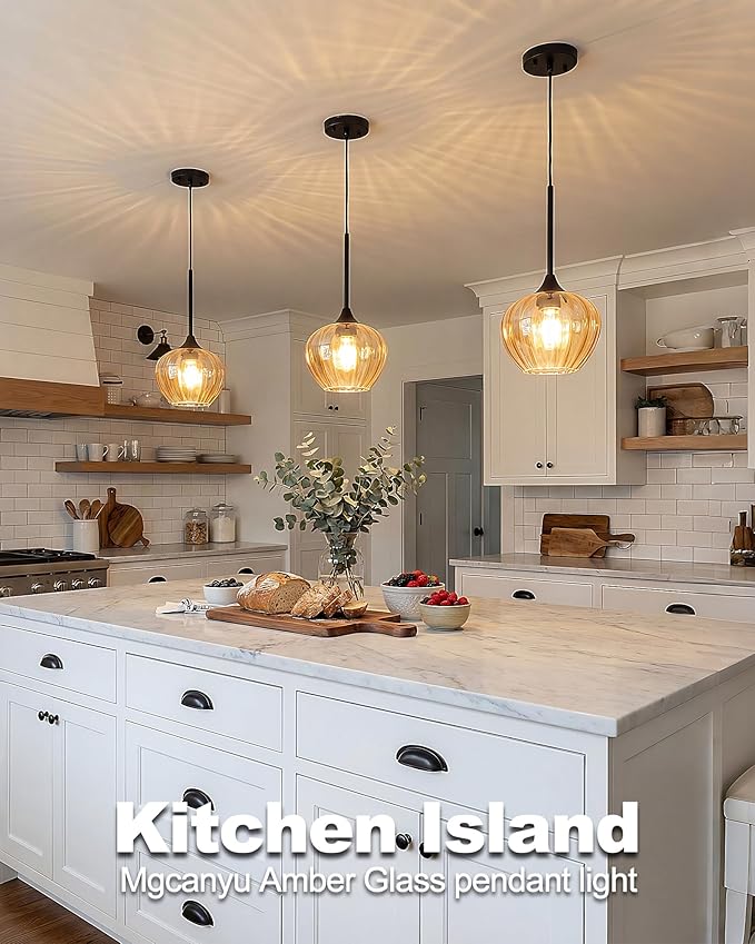 Glass Pendant Lights Kitchen Island, 7" Vintage Amber Pendant Lighting Samll Hanging Light Fixtures for Kitchen, Dining Room, Sink, Bathroom