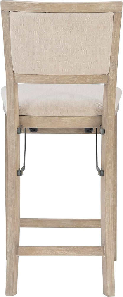 Linon Keira Natural Rustic Wooden Folding 25 Inch Seat Height Counter Stool with Beige Upholstered Seat and Back