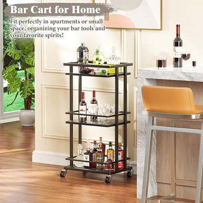 OKZEST 3 Tier Bar Cart for Home, Rolling Mini Liquor Bar for Wine Beverage Dinner Party, Utility Kitchen Storage Island Serving Cart on Wheels, Coffee Bar Cabinet for Kitchen Dining Living Room, Black