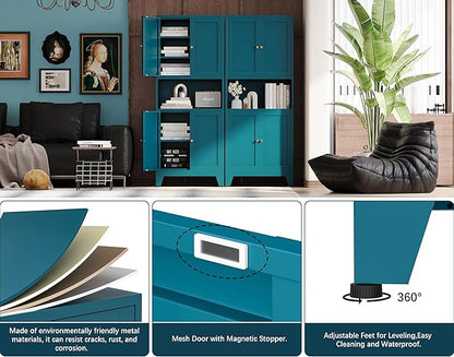 69"H Metal Pantry Cabinet with Microwave Stand,Tall Kitchen Storage Cabinets,Blue Food Pantry Cabinet with 4 Doors and Shelves, Large Hutch Cabinets for Kitchen, Dining Room, Living Room and Bathroom