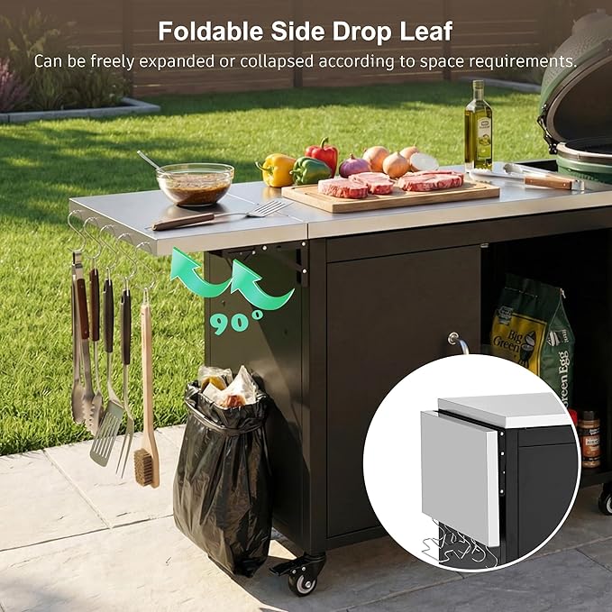 Outdoor Kitchen Island with Storage Cabinet and Adjustable Shelves, Kitchen Island Stainless Steel Top Drop Leaf for Large Big Green Egg, Rolling Cart on Wheels with Hooks & Bottle Opener Grey Blue
