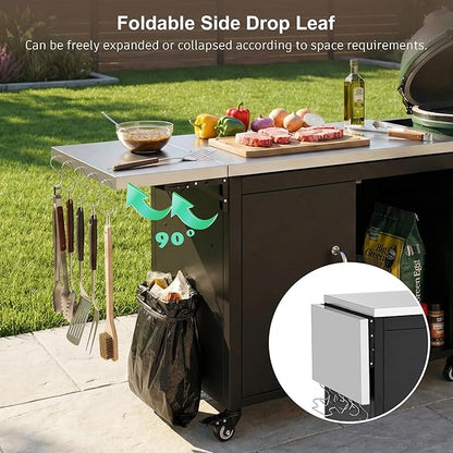 Outdoor Kitchen Island with Storage Cabinet and Adjustable Shelves, Kitchen Island Stainless Steel Top Drop Leaf for Large Big Green Egg, Rolling Cart on Wheels with Hooks & Bottle Opener Grey Blue