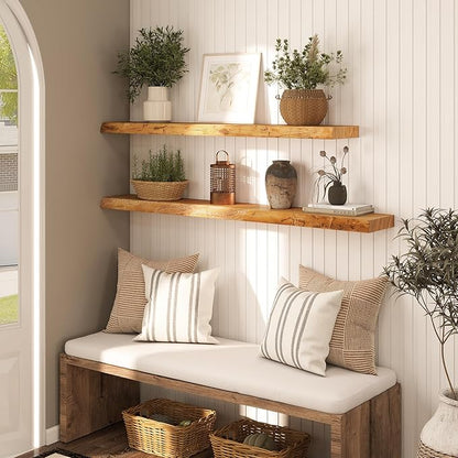 48" Rustic Elm Floating Shelves - Solid Wood Live Edge with Invisible Brackets, Wall Mounted Shelf for Living Room, Kitchen & Bathroom Decor, Natural