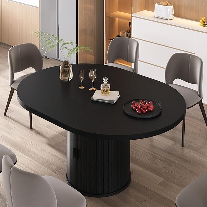 Dining Table for 4-6-8, 43-59" Extendable Round Dining Room Kitchen Table with Storage Shelf, Space Saving Expandable Wood Oval Circle Dinner Table with Pedestal Base for Kitchen Living Room (Black)