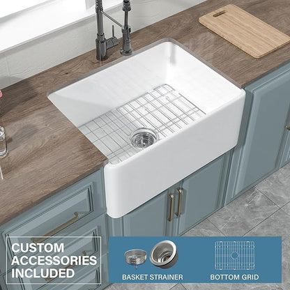 Small Farmhouse Sink 24 x 18 Inch, Firecaly Apron Front Farm Sink, Heavy Duty Single Bowl, with Accessories 2 Types, Undermount, Pure White, for Kitchen, Laundry, Small Space