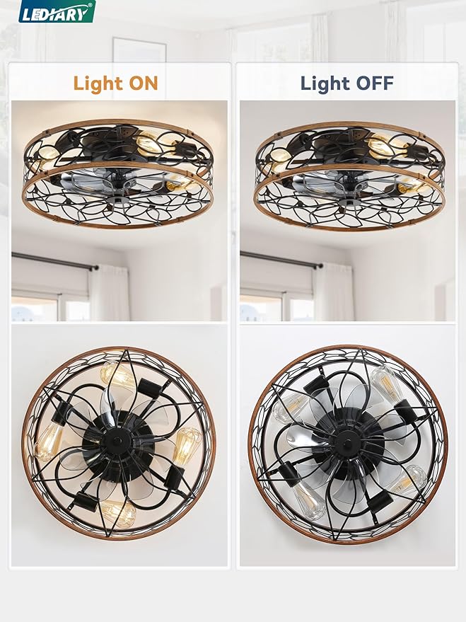 LEDIARY 20 Inch Caged Ceiling Fans with Lights, Farmhouse Flush Mount Ceiling Fan with Remote, Black&Walnut Low Profile Ceiling Fan Light Fixture for Bedroom, Kitchen, Dining Room