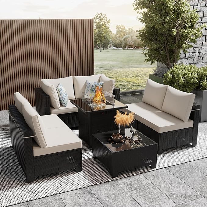 8 Piece Patio Furniture Set with Fire Pit Table, Wicker Outdoor Sectional Sofa Set, Conversation Sets with Comfy, High-Resilience Foam Anti-Slip Cushions for Backyard, Garden, Deck(Brown/Beige)