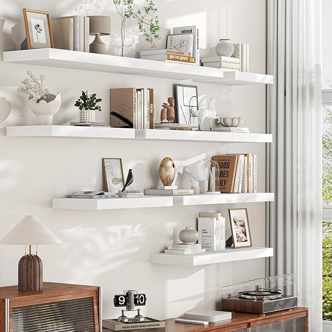 White Floating Shelves for Wall, 16'' W x 12'' D Wall Mounted Rustic Wood Shelves for Bathroom, Bedroom, Living Room, Kitchen, Hanging Shelf for Storage/Room Decor with Heavy Duty Brackets, 2 Pack