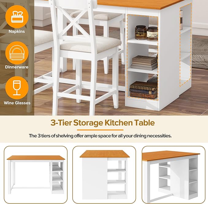 Farmhouse 5-Piece Counter Height Dining Table Set, 2-Tone Rectangular Dining Table with 3-Tier Storage Shelves and Upholstered Dining Chairs, Solid Wood Kitchen Dining Room Set for 4 (Natural/White)