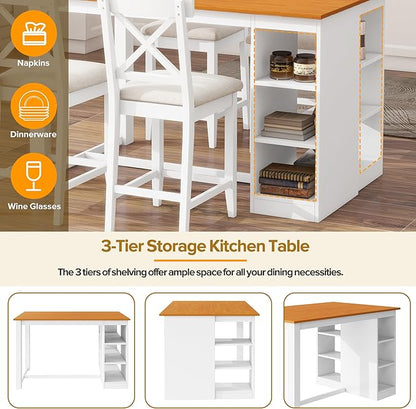 Farmhouse 5-Piece Counter Height Dining Table Set, 2-Tone Rectangular Dining Table with 3-Tier Storage Shelves and Upholstered Dining Chairs, Solid Wood Kitchen Dining Room Set for 4 (Natural/White)